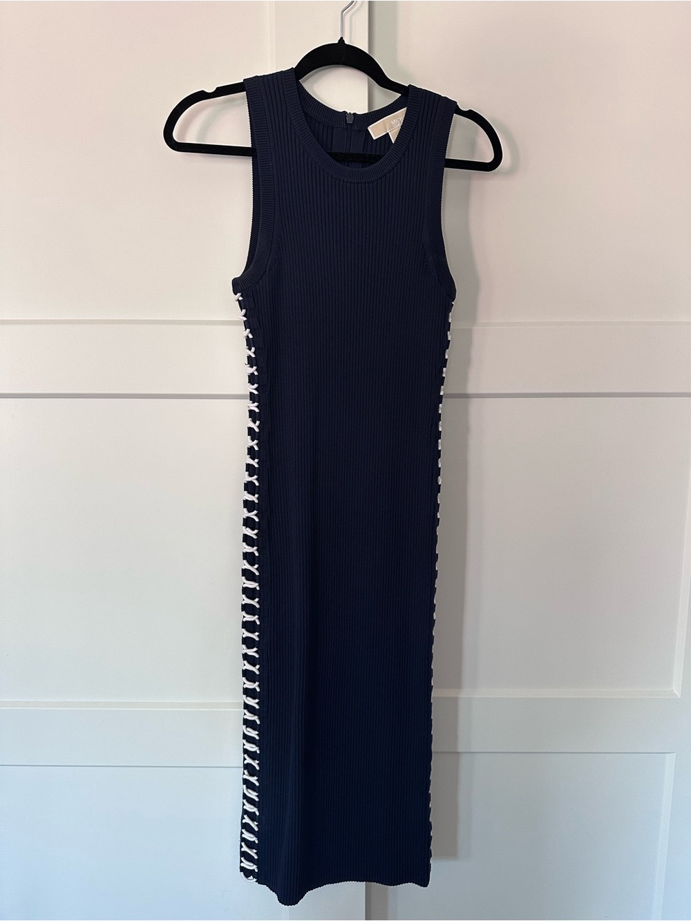 Michael Kors Navy Sleeveless Ribbed Midi Dress with White Side Lace-Up